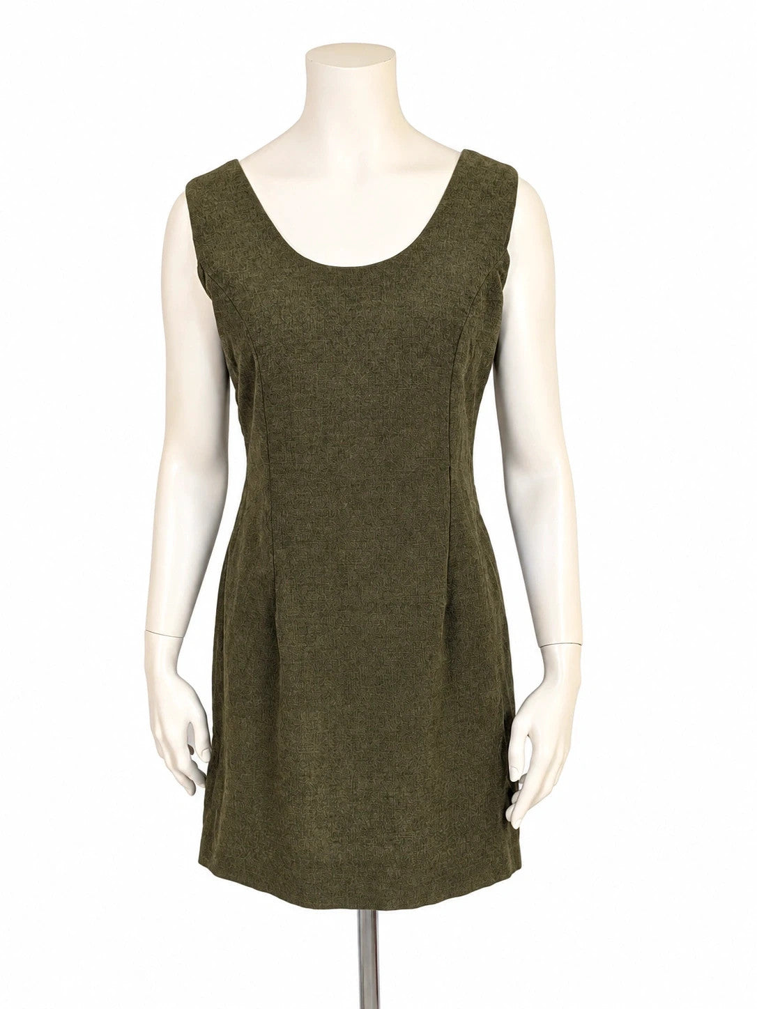 Oliva khaki skirt suit Freeling with textured fabric, short sleeve jacket, and sleeveless dress.