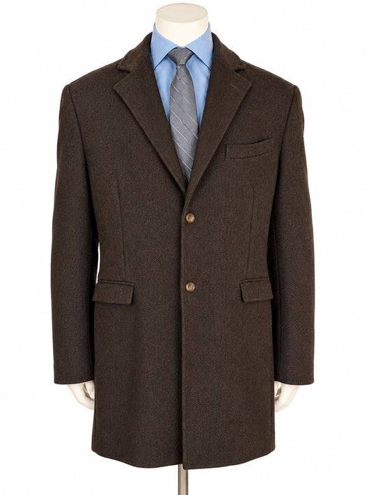 Uomo brown coat herringbone pattern, classic cut, high-quality wool blend, made in Italy.