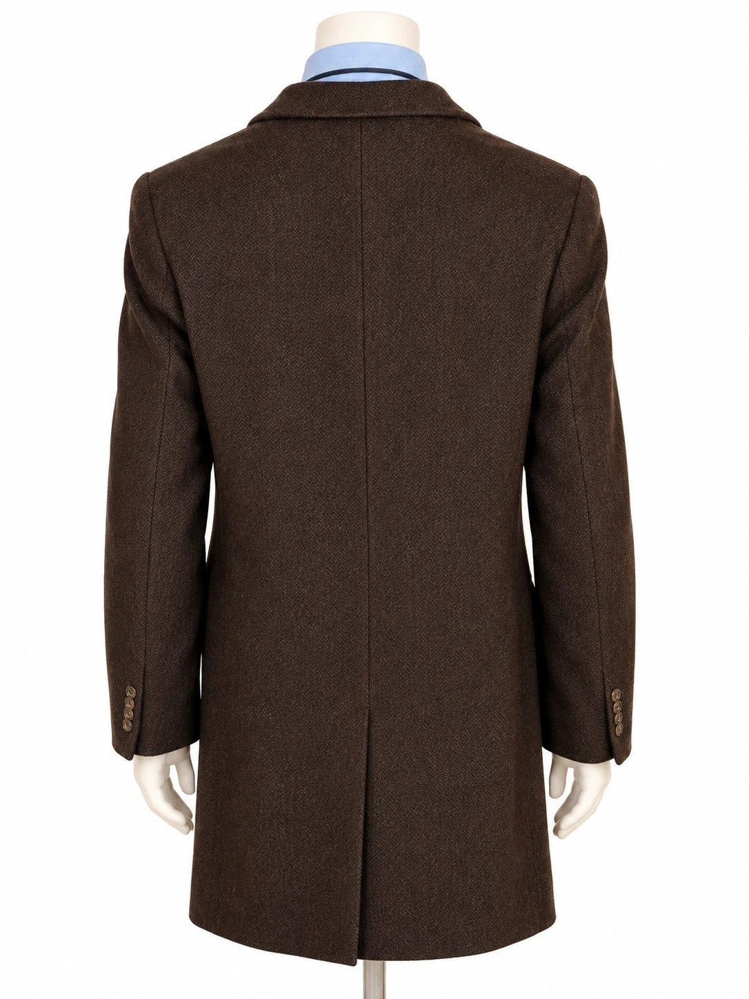 Uomo brown coat herringbone pattern, classic cut, high-quality wool blend, made in Italy.