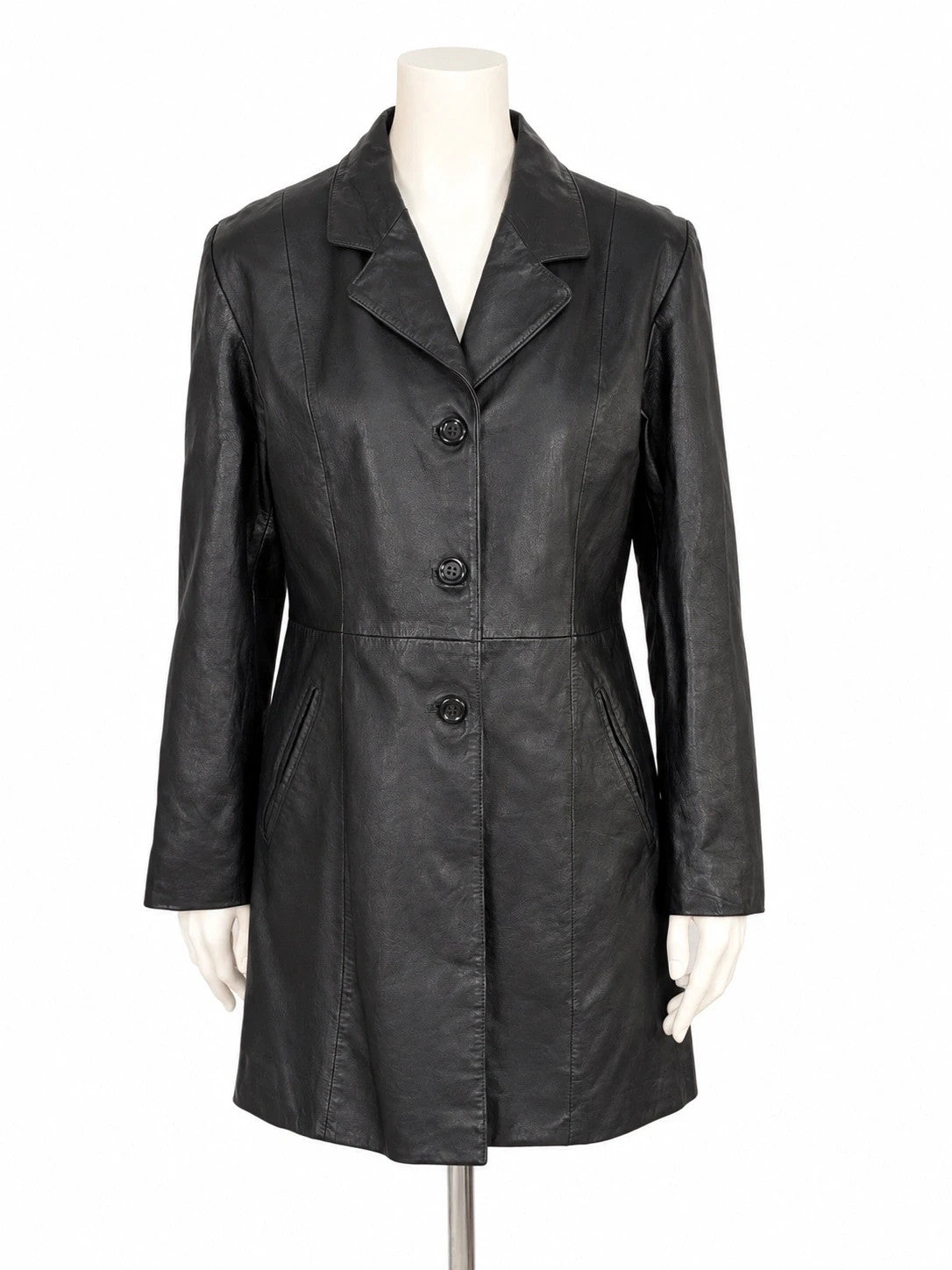 Vera Pelle black vintage leather jacket with three-button closure and Wild Cats logo.