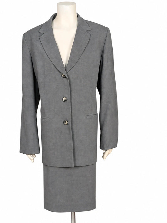 Tailleur donna vintage Ghita Milano grigio in lana e seta, giacca a tre bottoni e gonna dritta