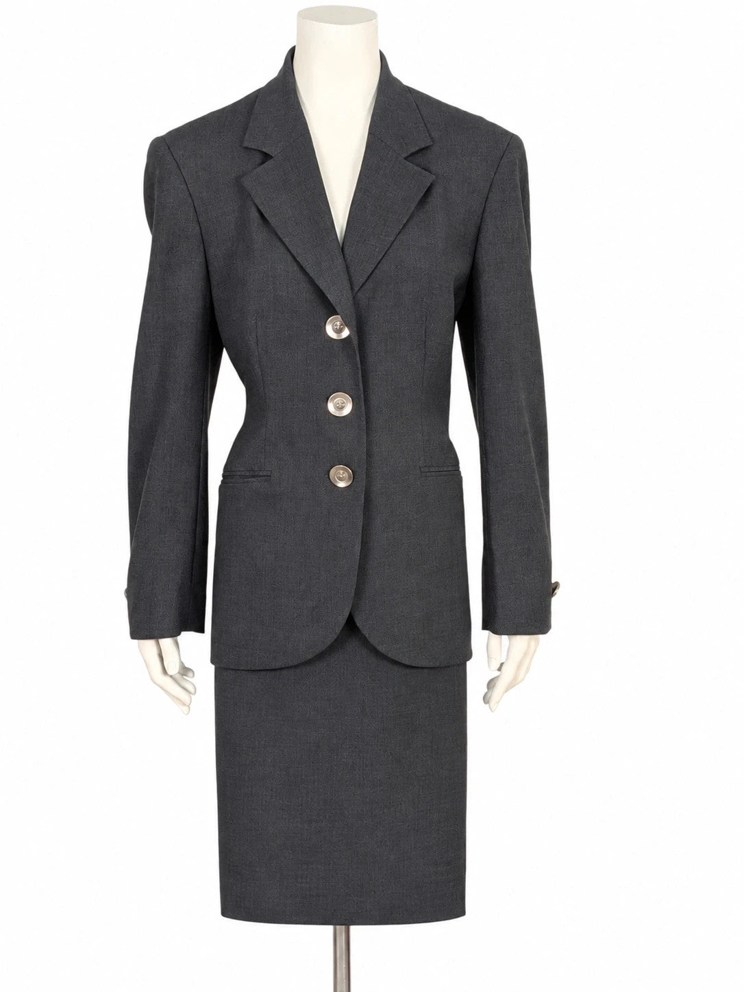 Tailleur donna Forma Zero by GFF grigio antracite in lana vergine, giacca avvitata e gonna dritta