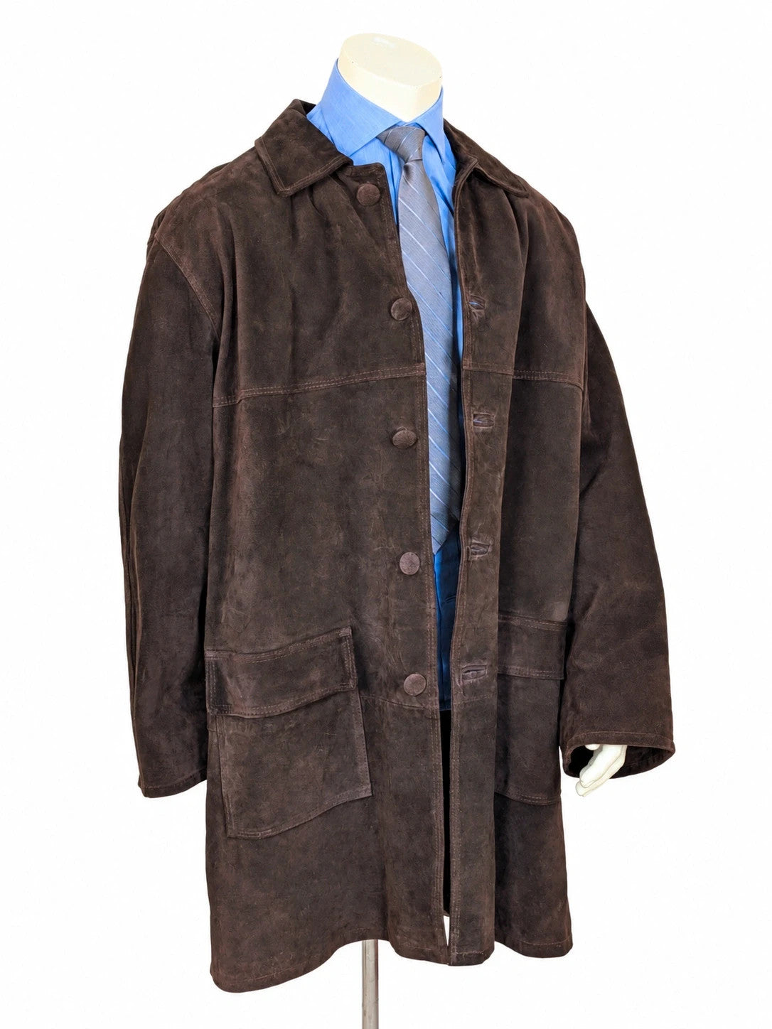Cappotto uomo vintage in vera pelle scamosciata marrone con tasconi e bottoni rivestiti