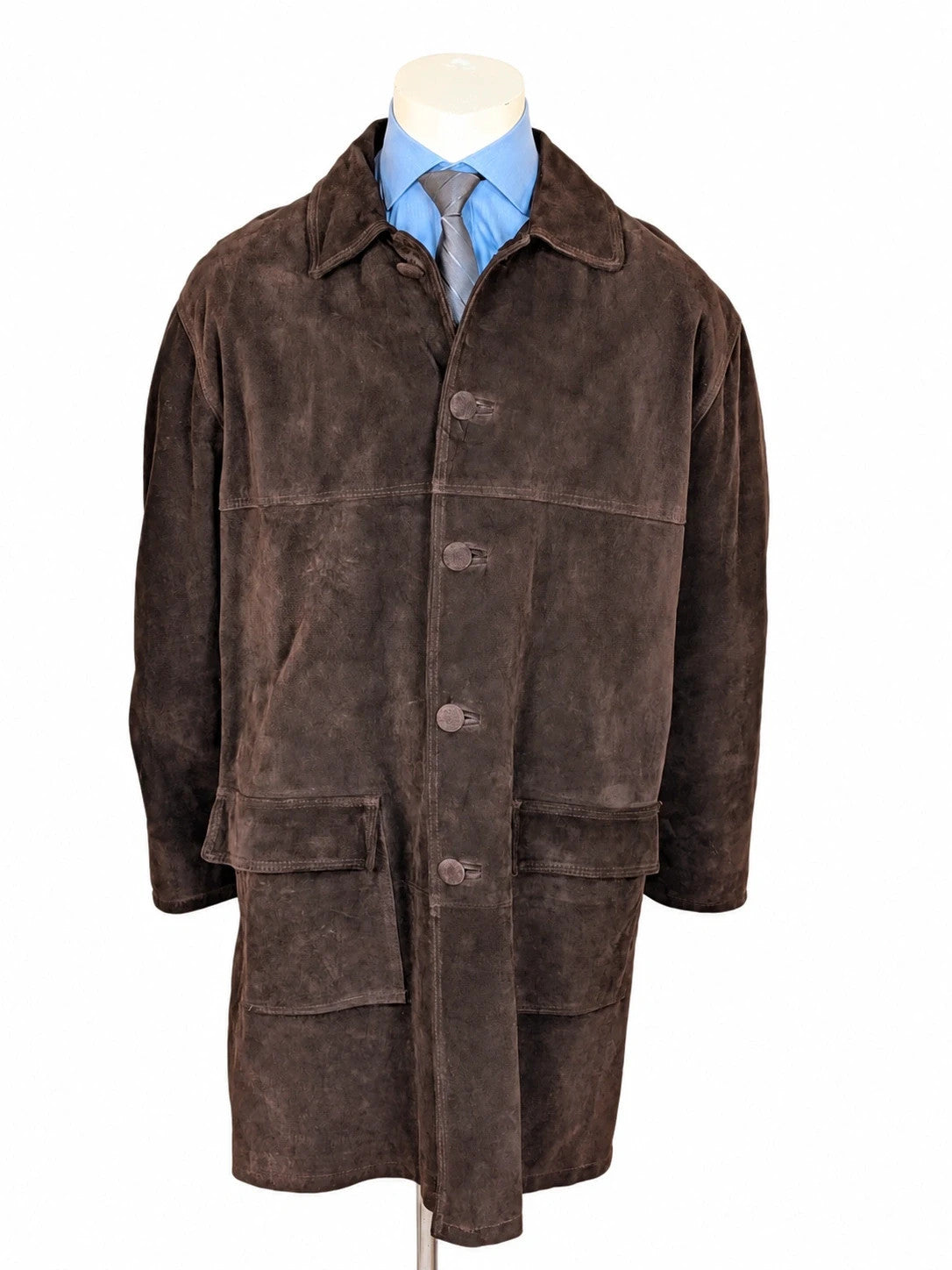 Cappotto uomo vintage in vera pelle scamosciata marrone con tasconi e bottoni rivestiti