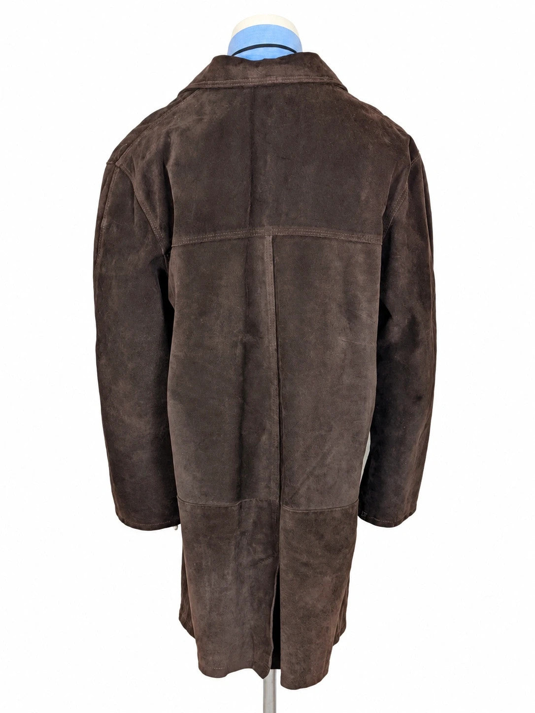 Cappotto uomo vintage in vera pelle scamosciata marrone con tasconi e bottoni rivestiti