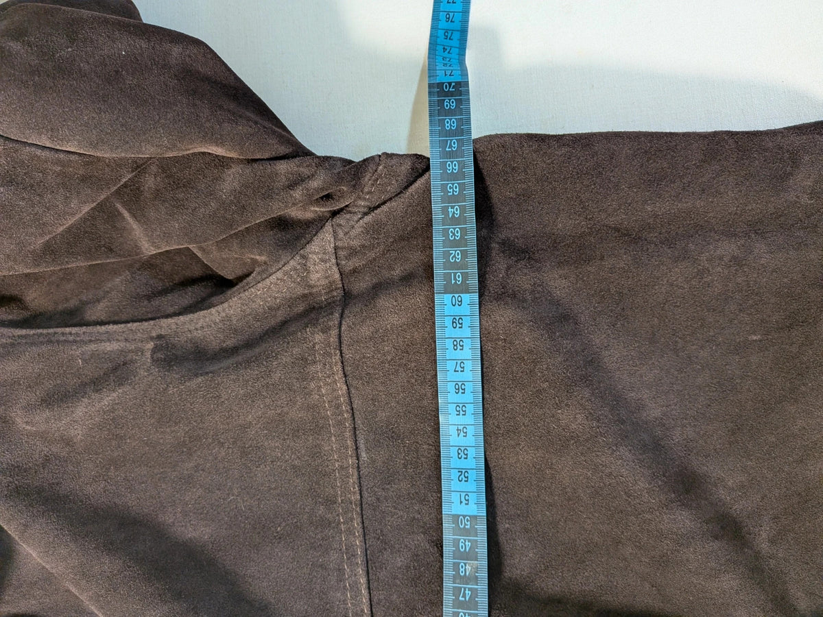 Cappotto uomo vintage in vera pelle scamosciata marrone con tasconi e bottoni rivestiti