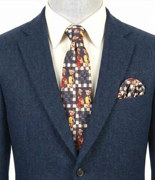 Cravatta vintage Mazzola Como in seta, fantasia a quadri con orsetti
