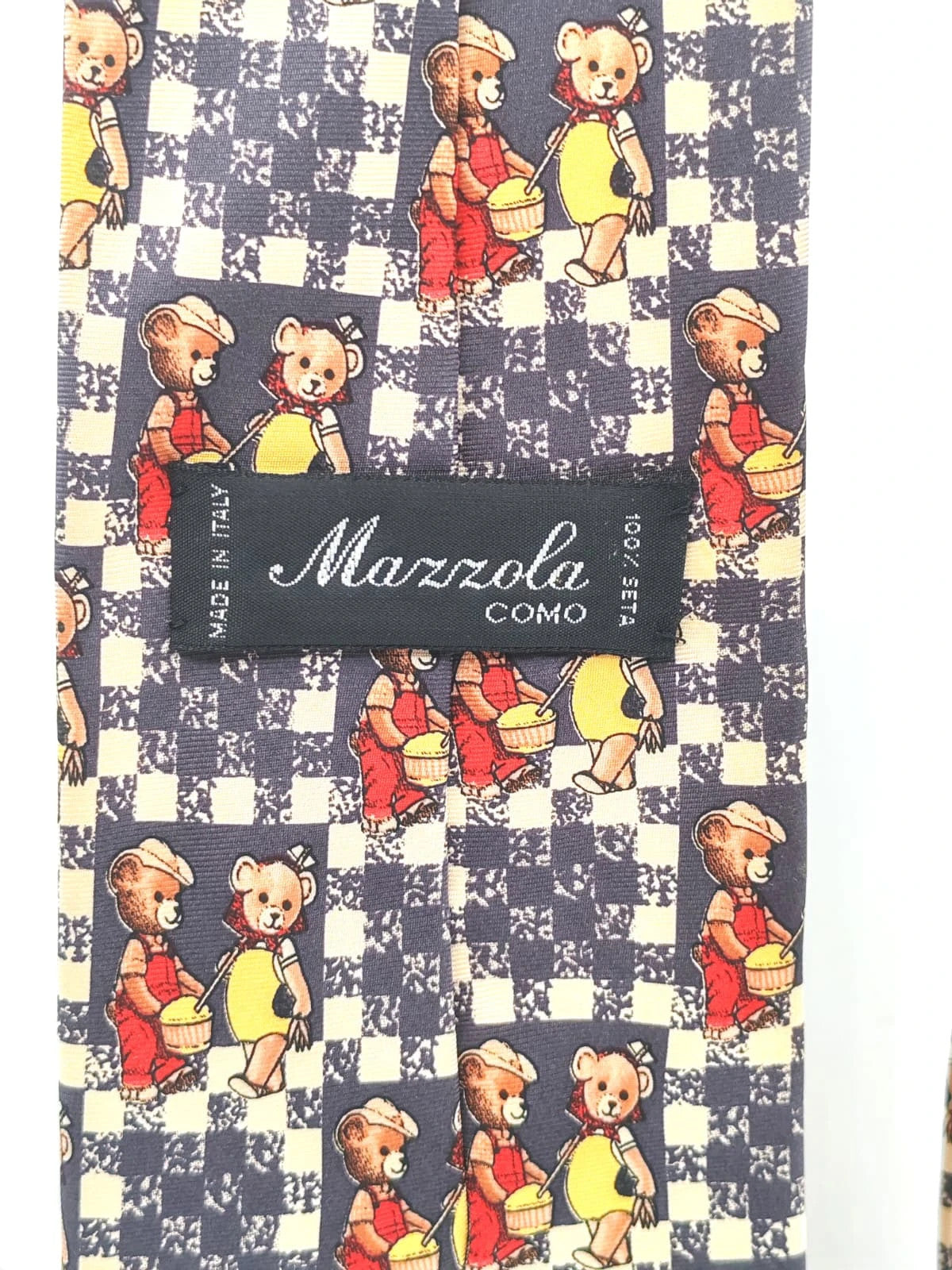 Cravatta vintage Mazzola Como in seta, fantasia a quadri con orsetti