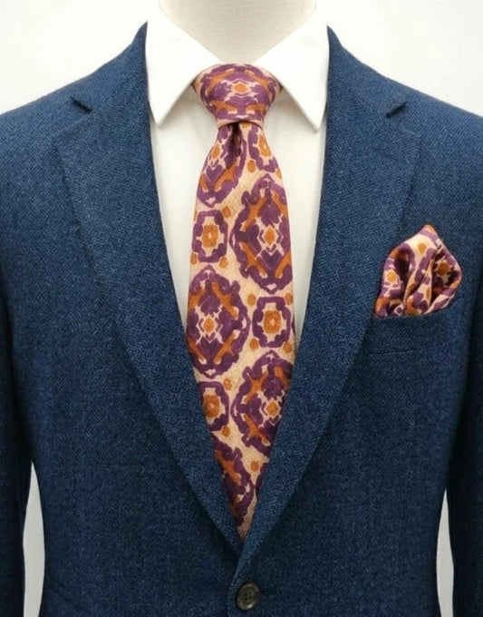Cravatta vintage Ruffatti Torino in seta, fantasia geometrica viola e ocra
