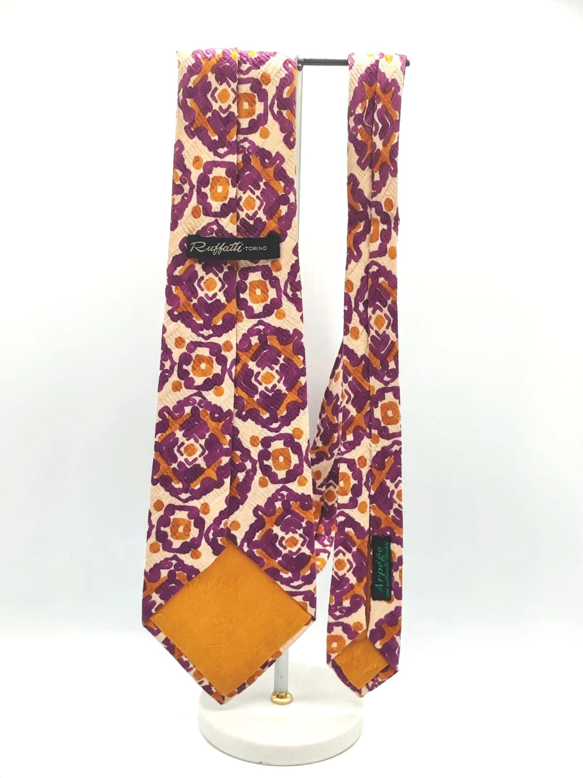 Cravatta vintage Ruffatti Torino in seta, fantasia geometrica viola e ocra