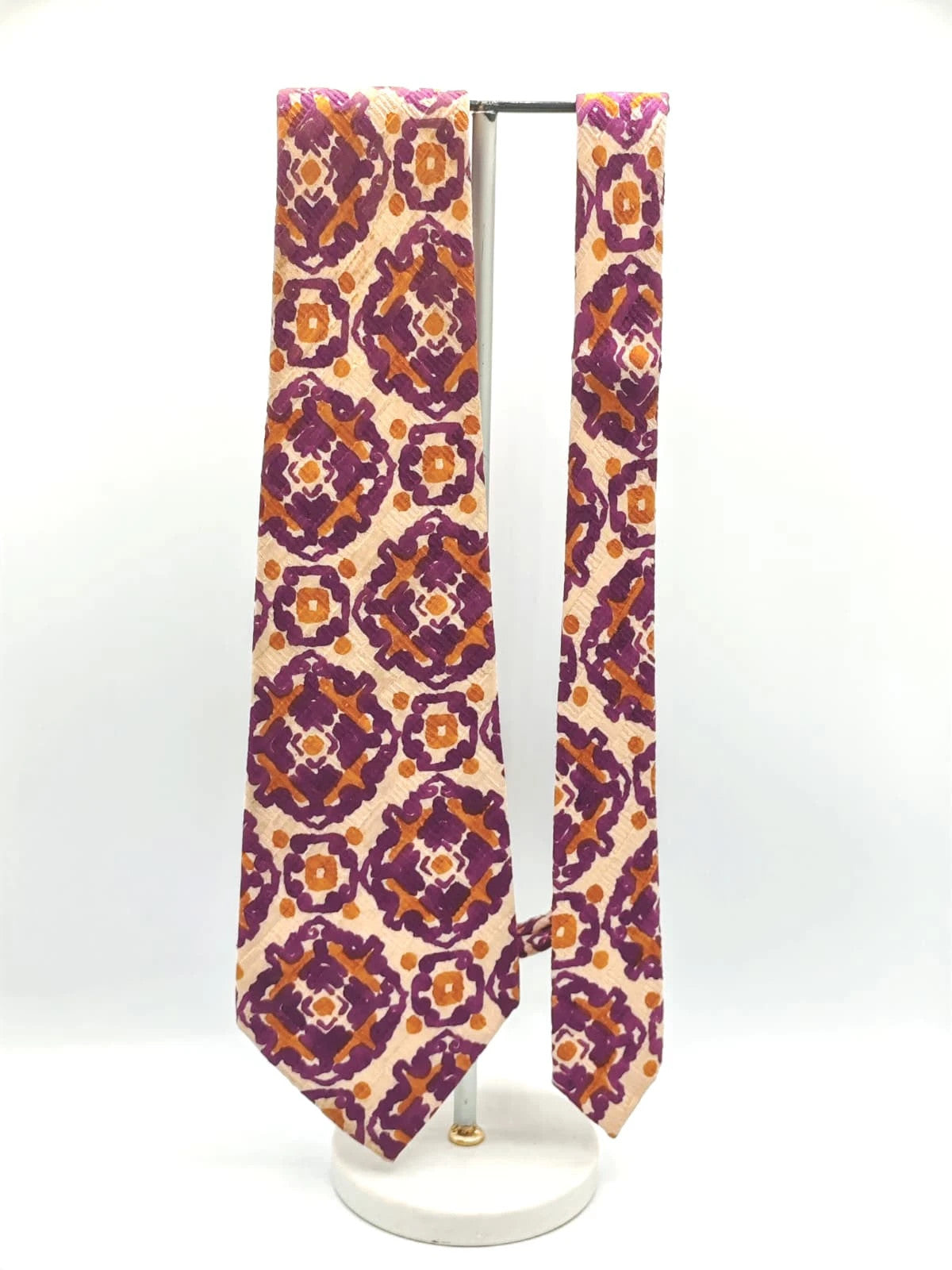 Cravatta vintage Ruffatti Torino in seta, fantasia geometrica viola e ocra