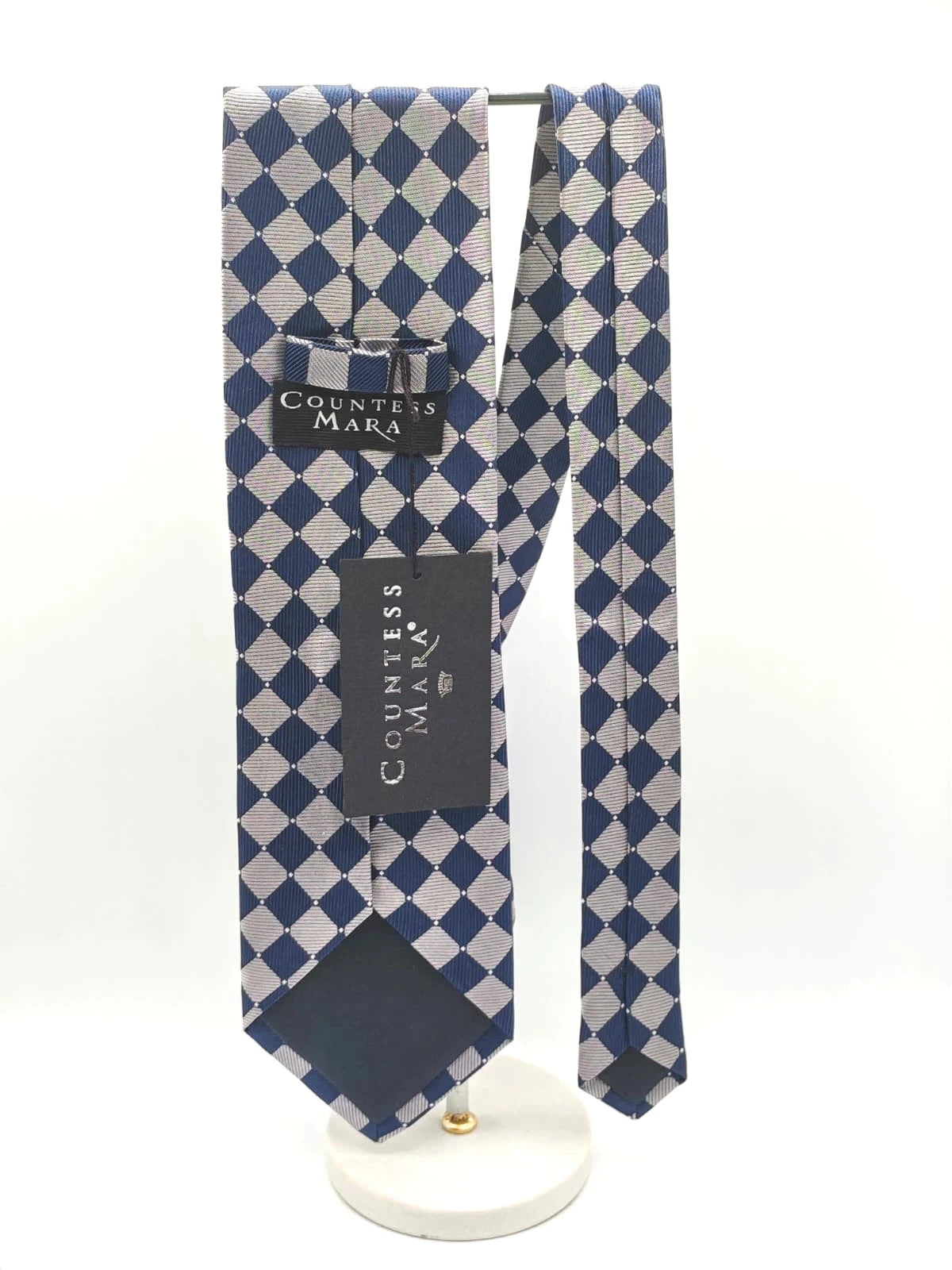Cravatta Countess Mara in seta, fantasia geometrica blu e argento