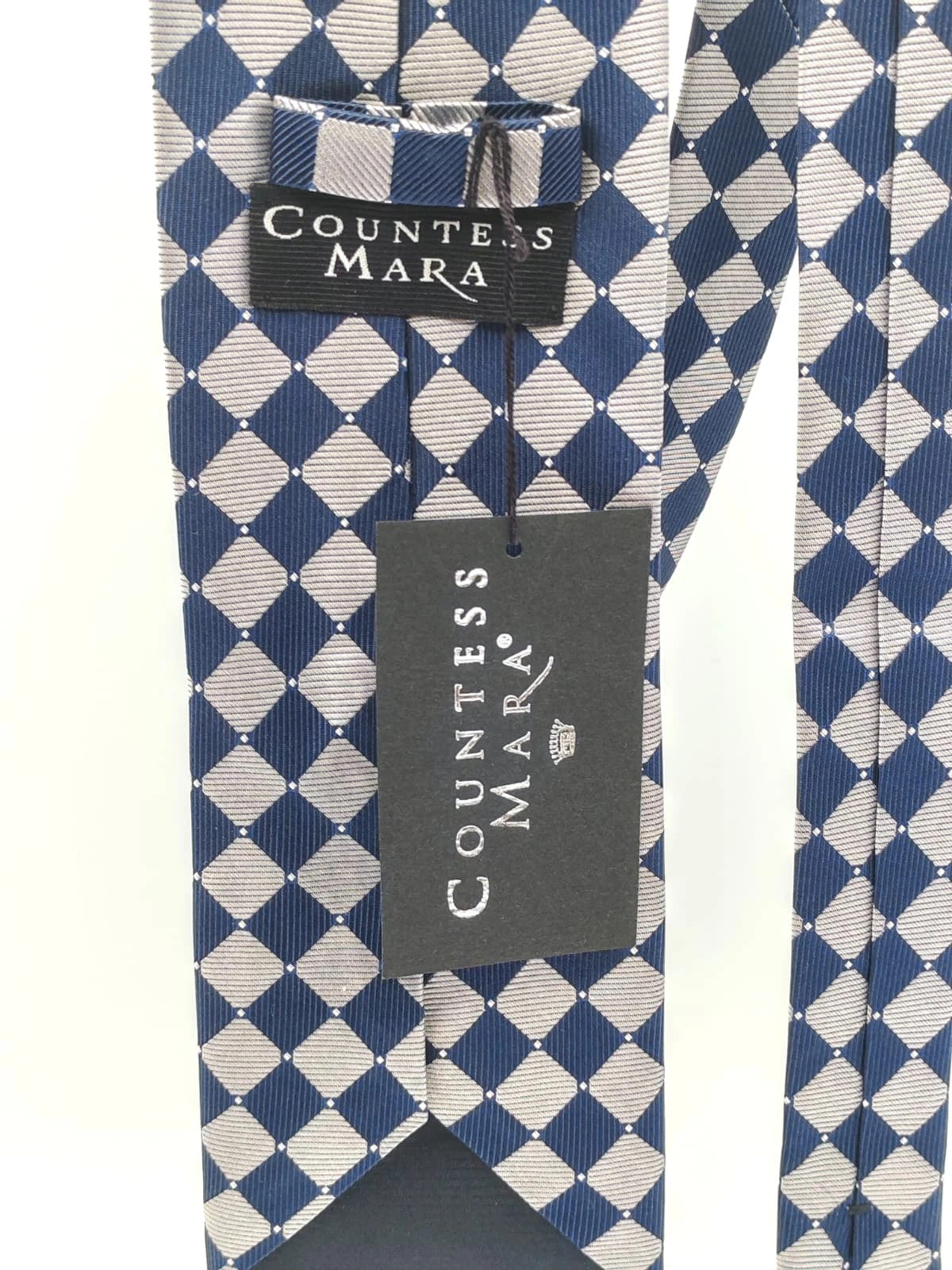 Cravatta Countess Mara in seta, fantasia geometrica blu e argento