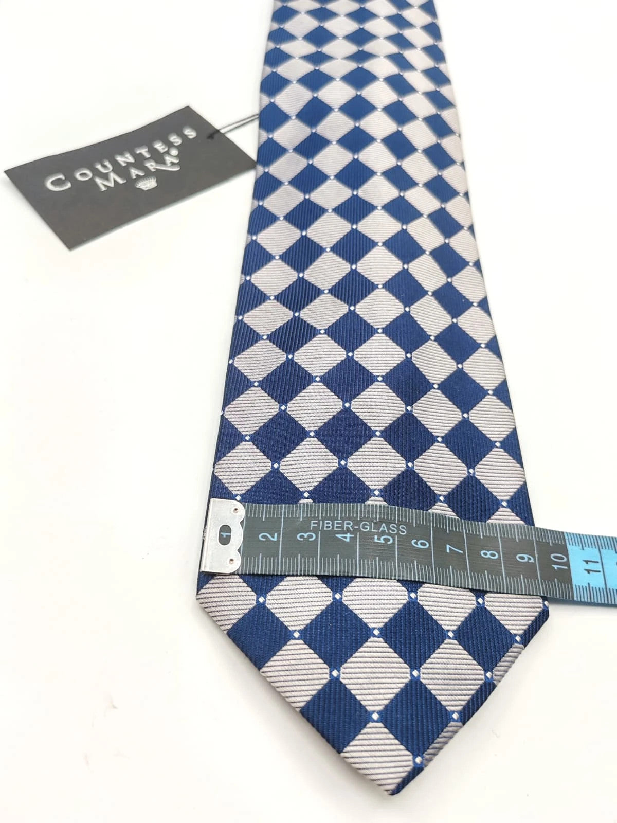 Cravatta Countess Mara in seta, fantasia geometrica blu e argento