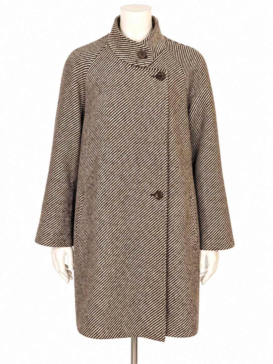 Cappotto donna vintage in alpaca a righe diagonali marrone e panna