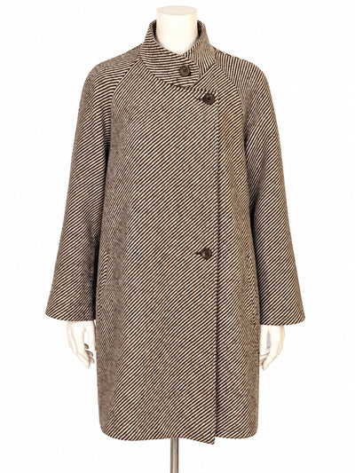 Cappotto donna vintage in alpaca a righe diagonali marrone e panna - Tg. 42 (M)