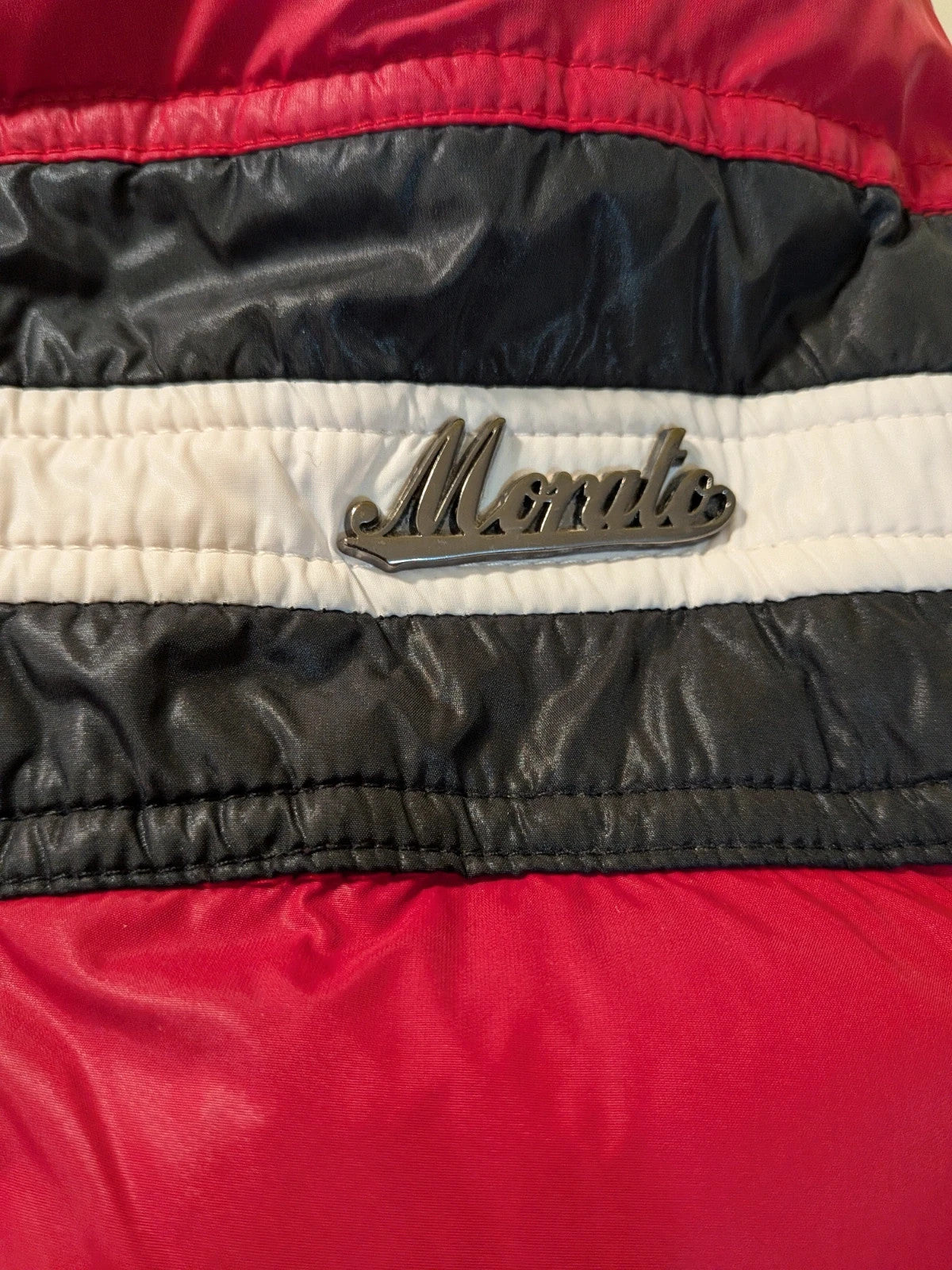 Antony Morato red puffer coat with black and white horizontal stripe, detachable sleeves.