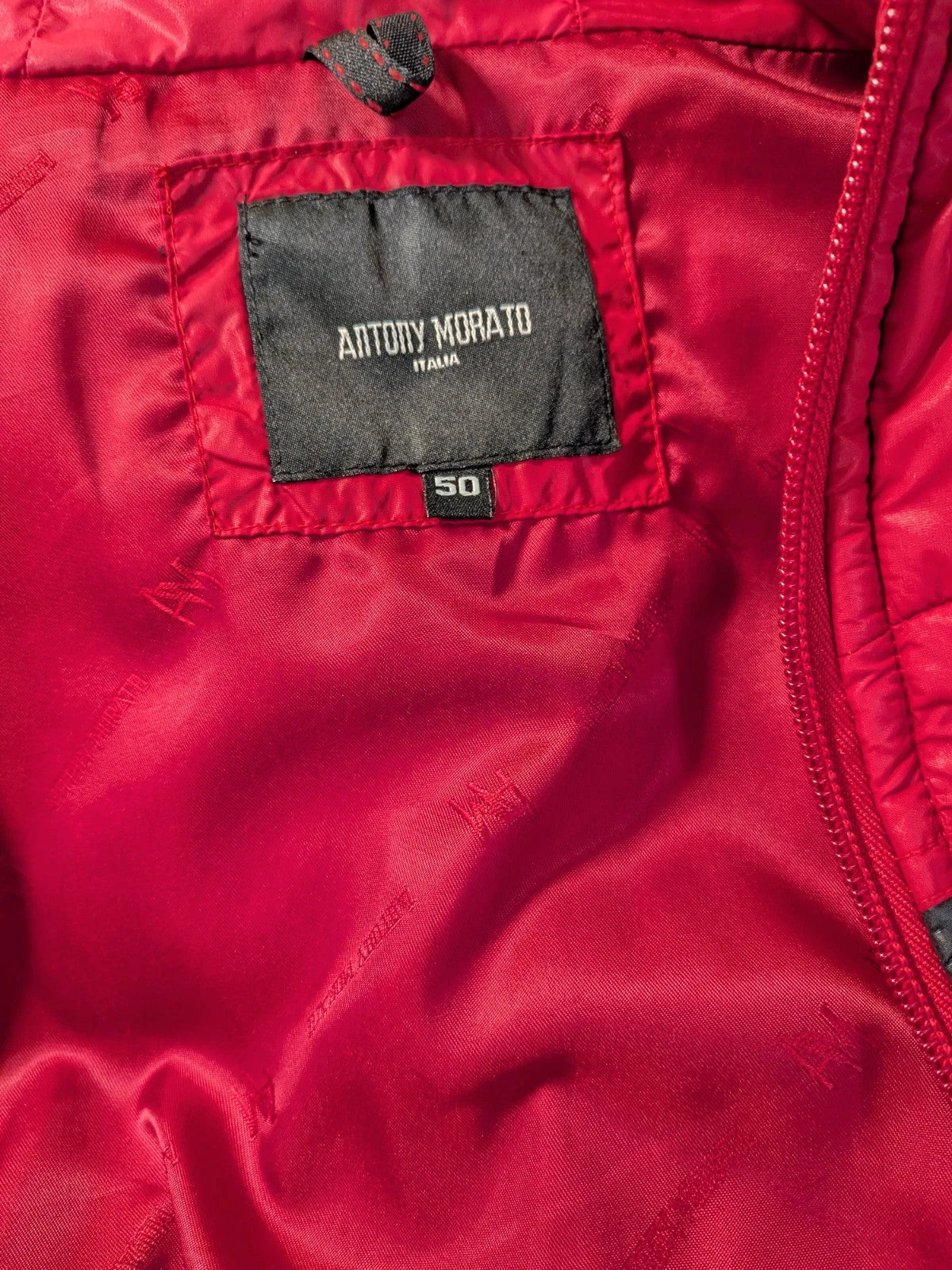 Antony Morato red puffer coat with black and white horizontal stripe, detachable sleeves.