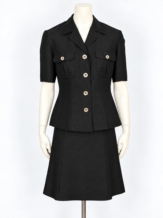 Tailleur donna Xenia nero in lino e viscosa, giacca e gonna