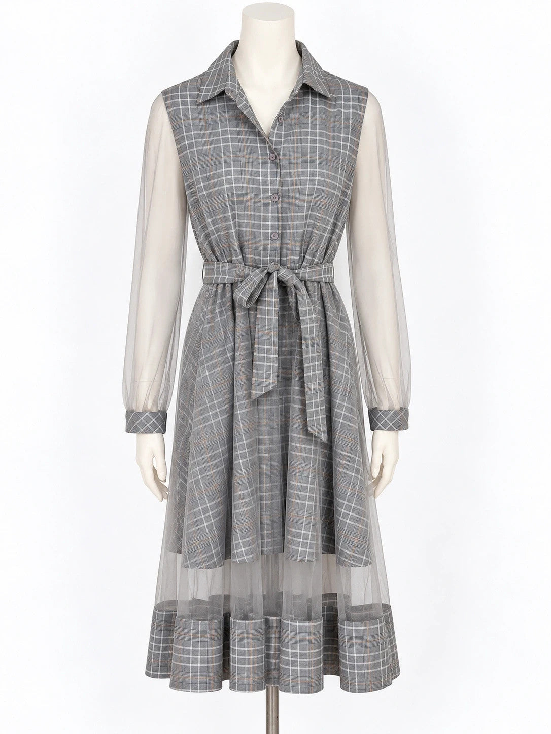 Abito donna Paccio chemisier a quadri tartan grigio con maniche in tulle