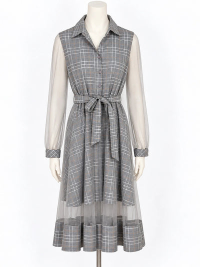 Abito donna Paccio chemisier a quadri tartan grigio con maniche in tulle – Tg. M/L