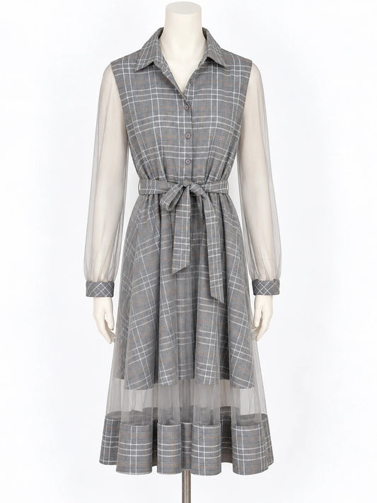 Abito donna Paccio chemisier a quadri tartan grigio con maniche in tulle