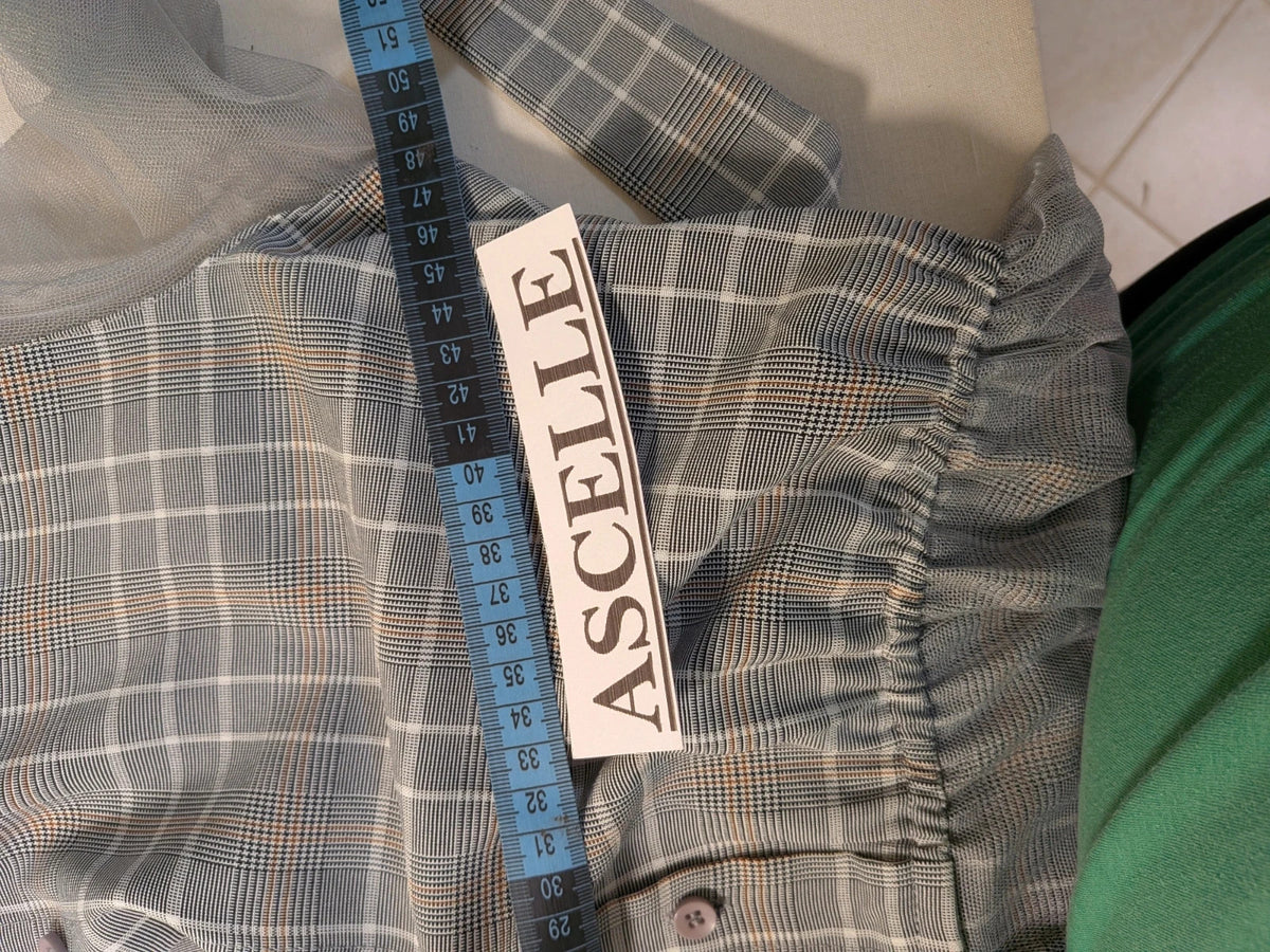 Abito donna Paccio chemisier a quadri tartan grigio con maniche in tulle
