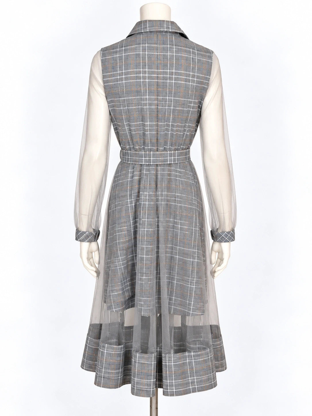 Abito donna Paccio chemisier a quadri tartan grigio con maniche in tulle