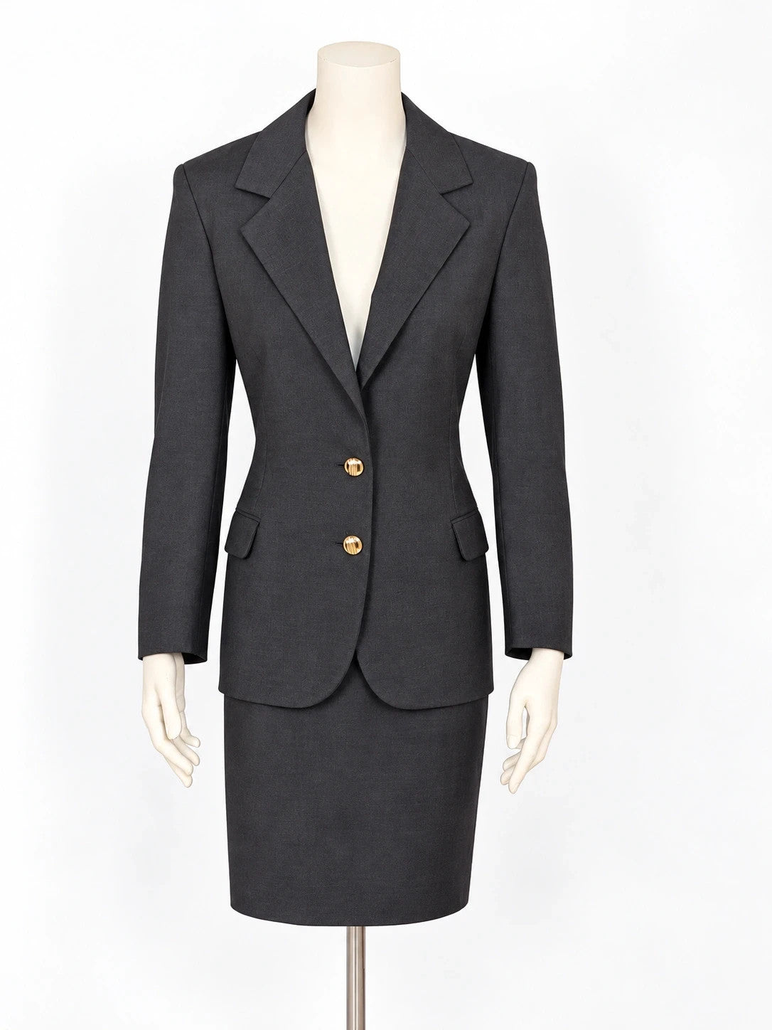 Tailleur donna vintage Cherie de Paris grigio antracite in lana, blazer con bottoni dorati e gonna tubino