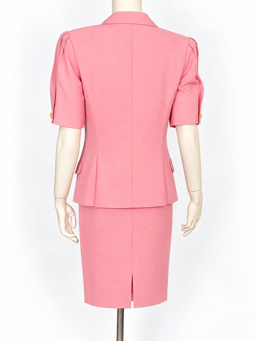 Tailleur donna vintage Anna Gasparri rosa pastello in lino e seta con bottoni dorati