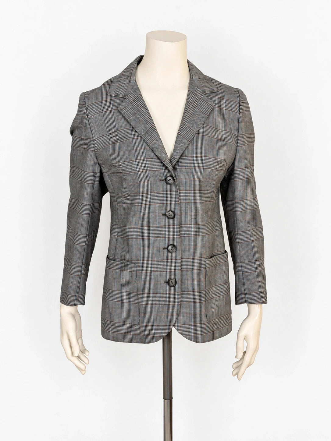 Blazer donna vintage Principe di Galles grigio con righe colorate e chiusura a 4 bottoni