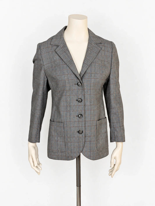 Blazer donna vintage Principe di Galles grigio con righe colorate e chiusura a 4 bottoni