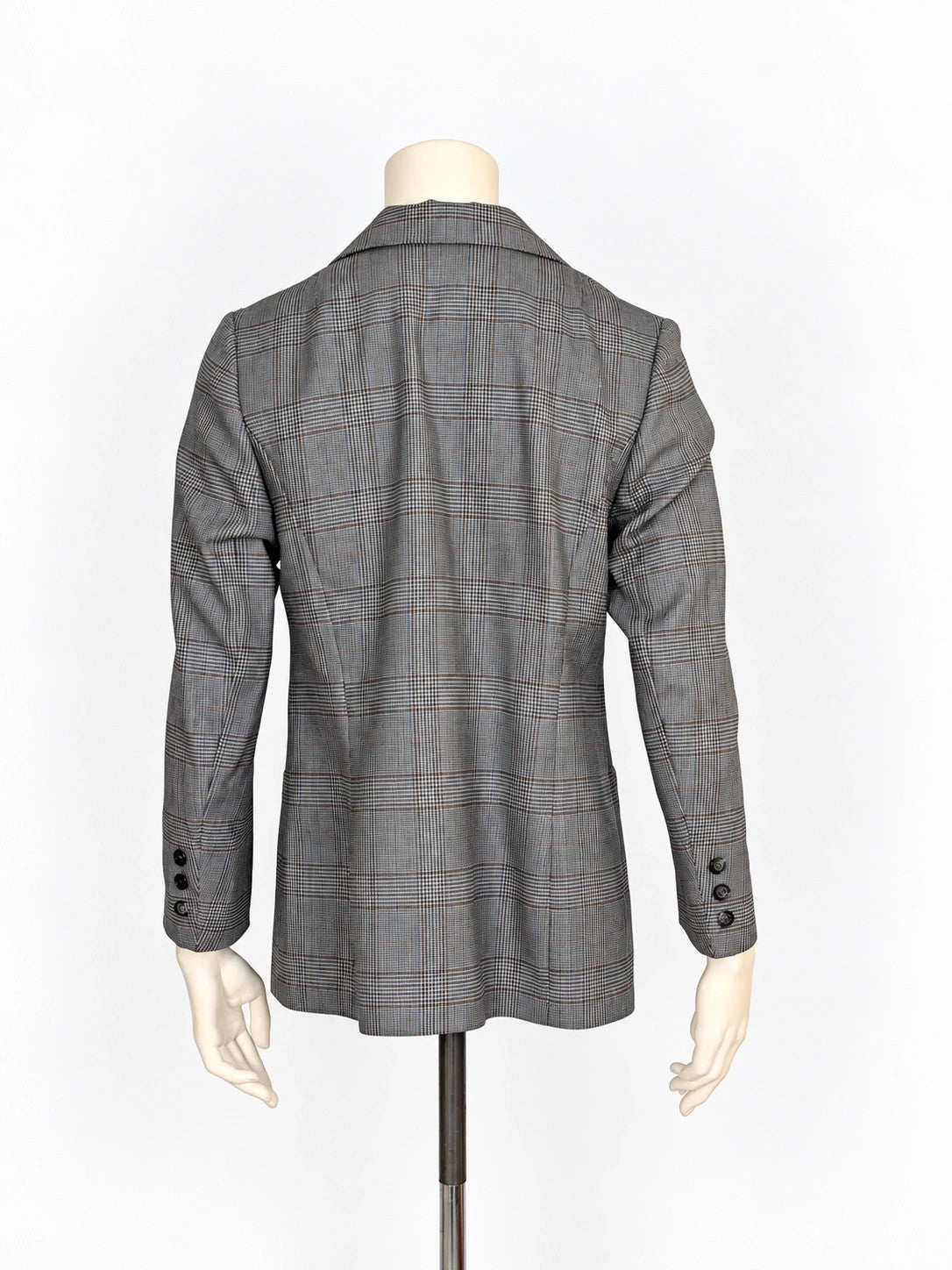 Blazer donna vintage Principe di Galles grigio con righe colorate e chiusura a 4 bottoni