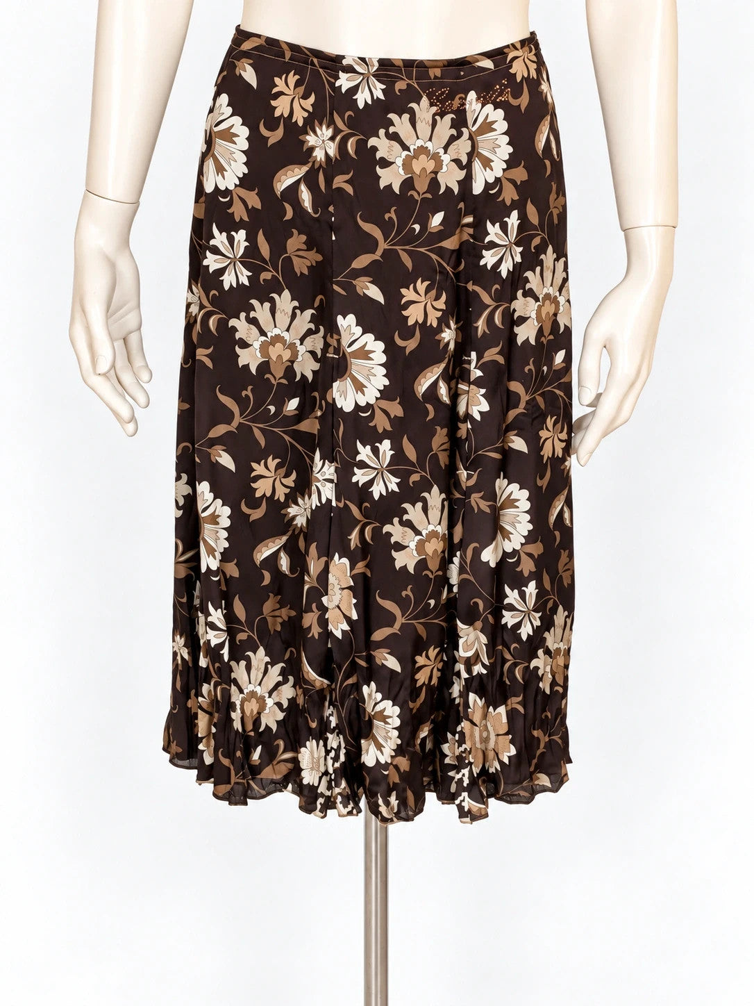 Gonna donna Cannella fluida marrone con stampa floreale e perline in vita