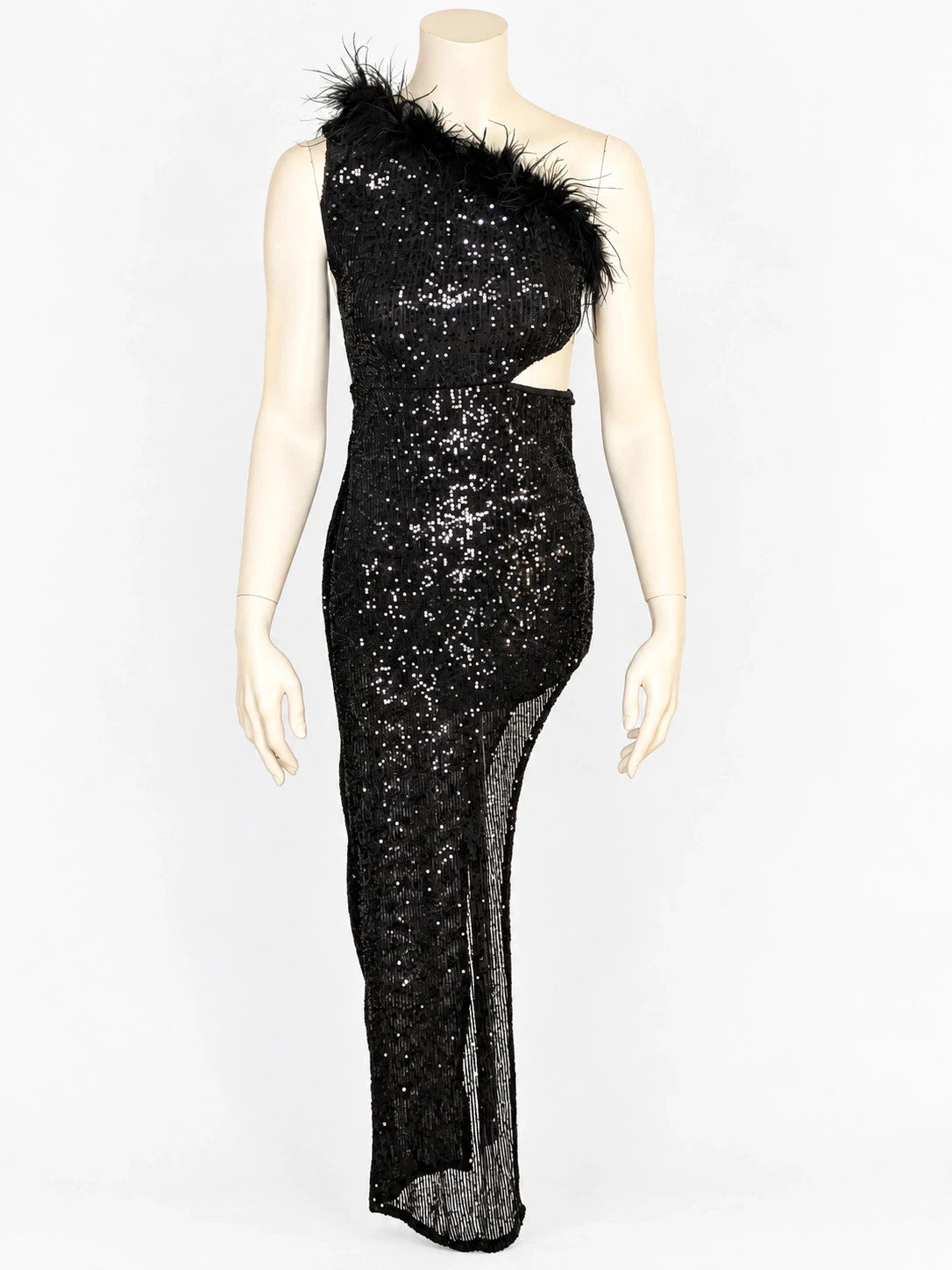 Abito lungo donna monospalla in paillettes nere con piume e cut-out laterale