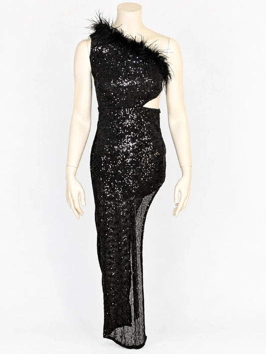 Abito lungo donna monospalla in paillettes nere con piume e cut-out laterale