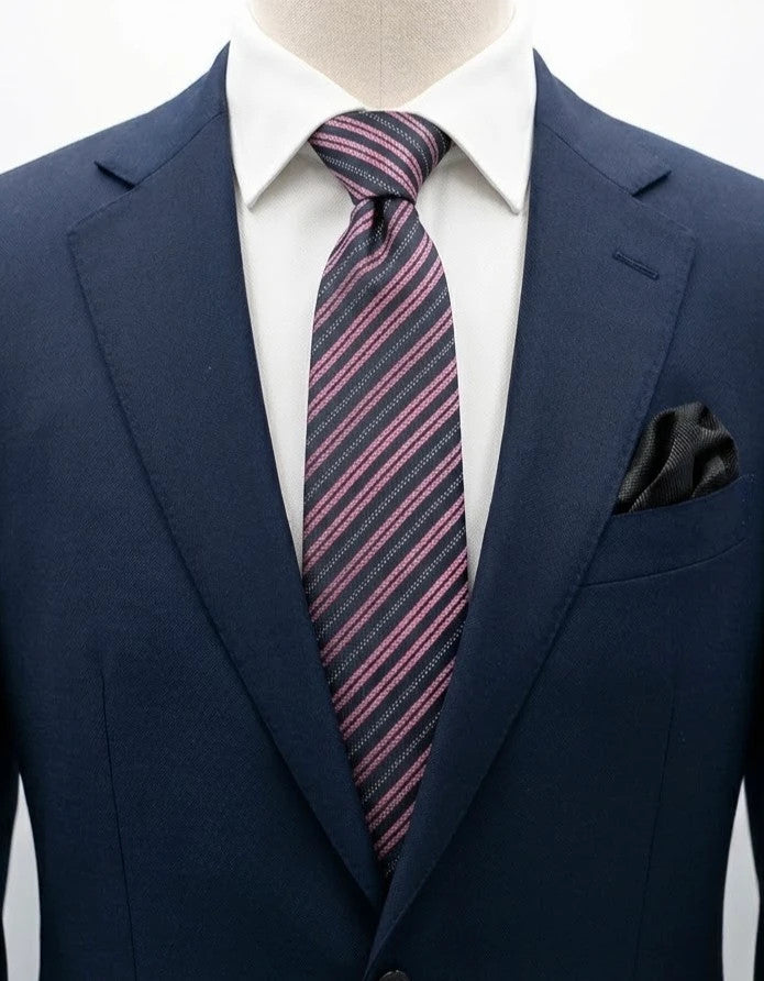 Cravatta Charles Thievenin in seta blu scuro con righe rosa – foto 1