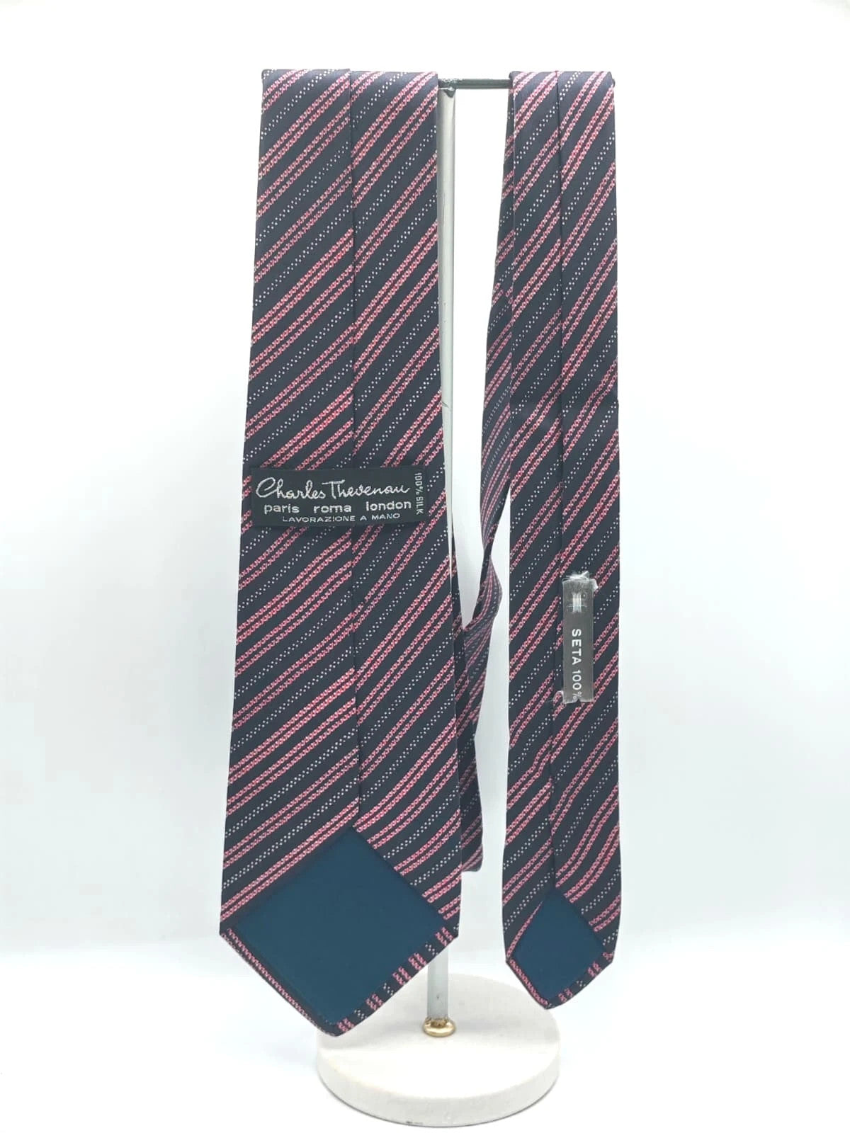 Cravatta Charles Thievenin in seta blu scuro con righe rosa – foto 4