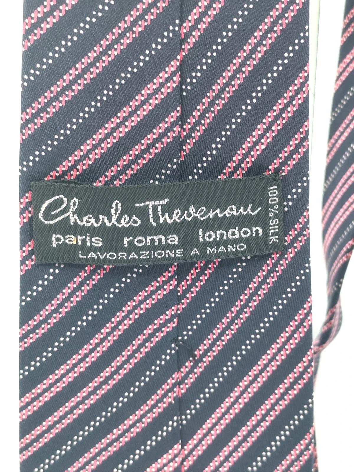 Cravatta Charles Thievenin in seta blu scuro con righe rosa – foto 7