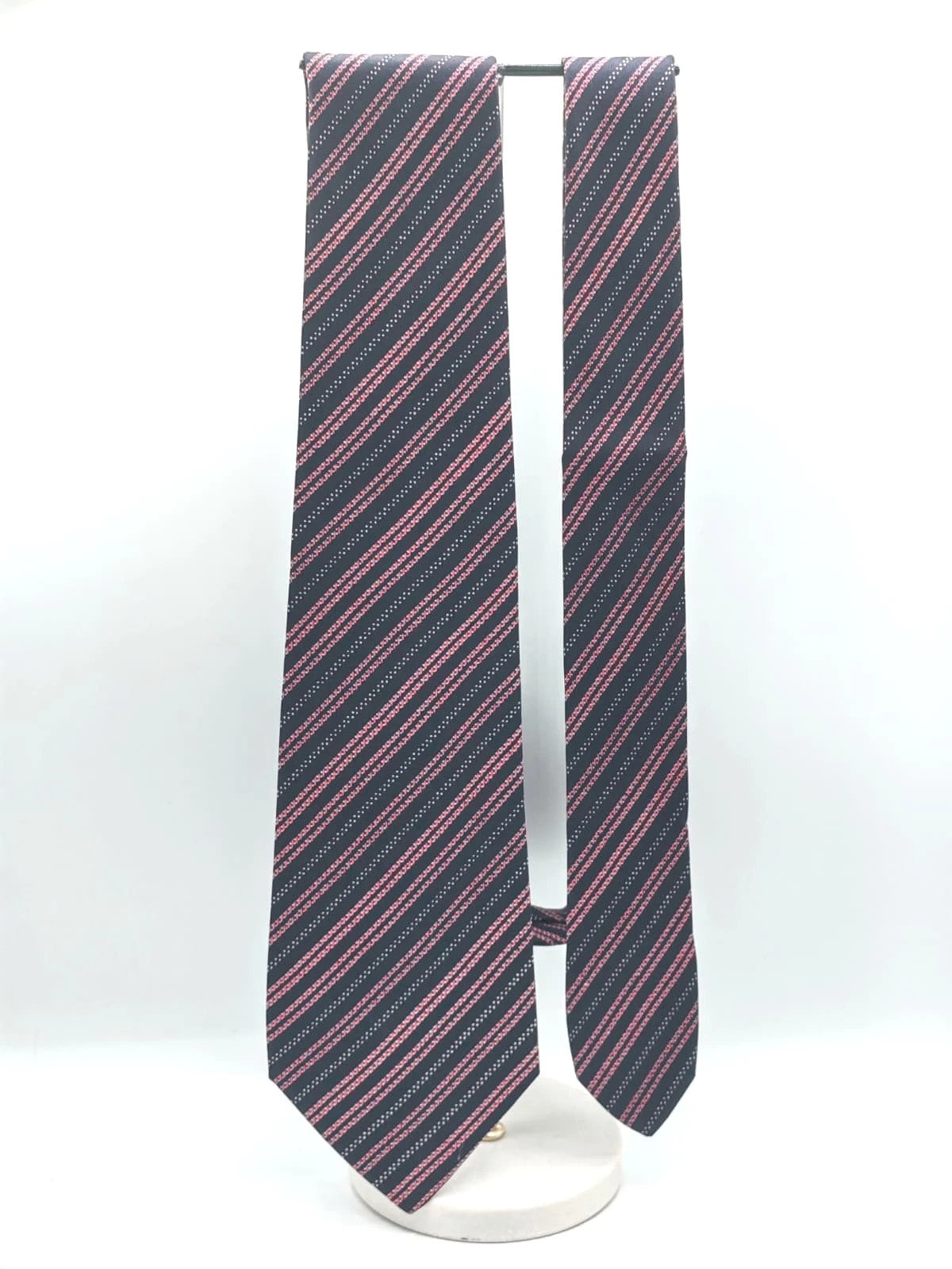 Cravatta Charles Thievenin in seta blu scuro con righe rosa – foto 3