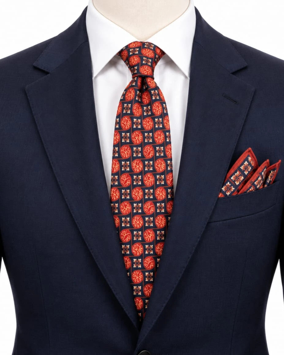 Cravatta Halexander in seta blu scuro con fantasia geometrica – foto 1