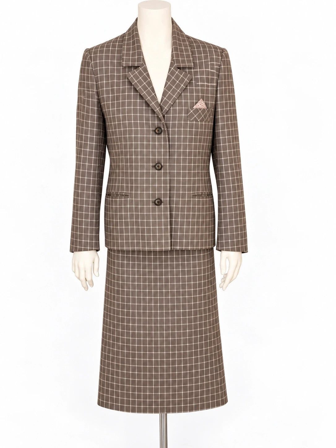 Tailleur donna vintage marrone a quadri giacca e gonna - foto 1