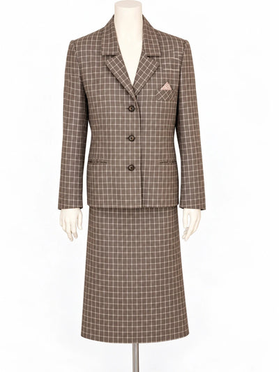 Tailleur donna vintage marrone a quadri – Giacca e gonna longuette – Tg. M