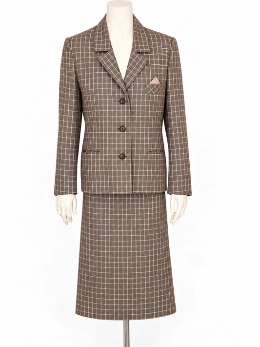 Tailleur donna vintage marrone a quadri giacca e gonna - foto 1