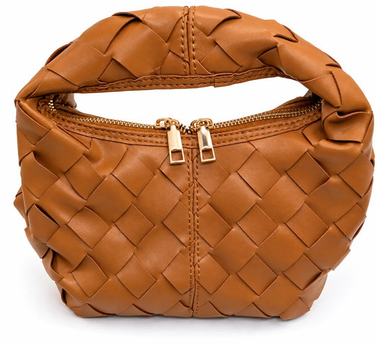 Borsa donna intrecciata color cammello con tracolla a catena - foto 1