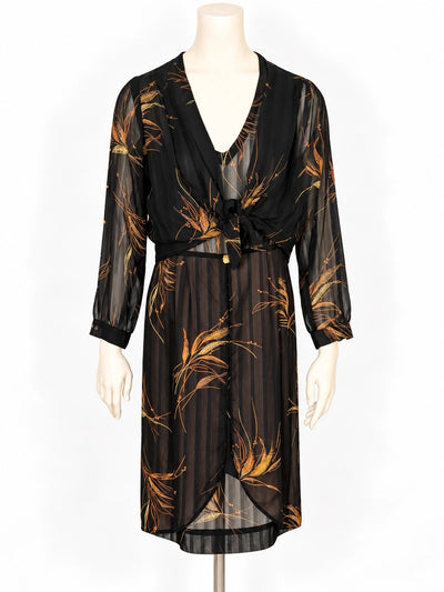 Completo donna cerimonia nero a fantasia floreale oro – Abito smanicato e coprispalle – Tg. M