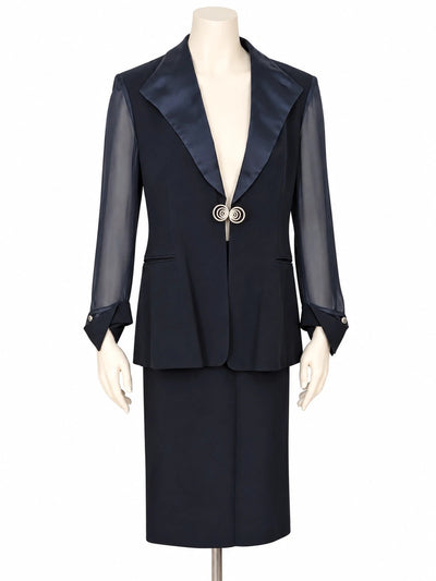 Tailleur donna cerimonia blu notte – Giacca con revers in raso e gonna a tubino – Made in Italy – Tg. 46