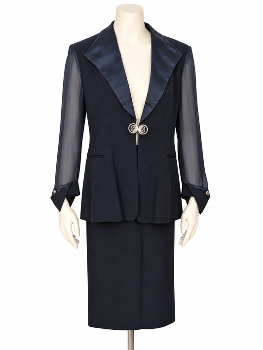 Tailleur donna cerimonia blu notte con revers in raso, gioiello e maniche in voile - foto 1