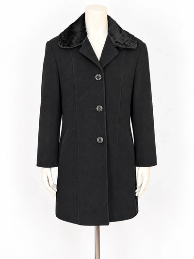 Cappotto donna nero in misto lana e cashmere con colletto effetto pelliccia – Made in Italy – Tg. 50