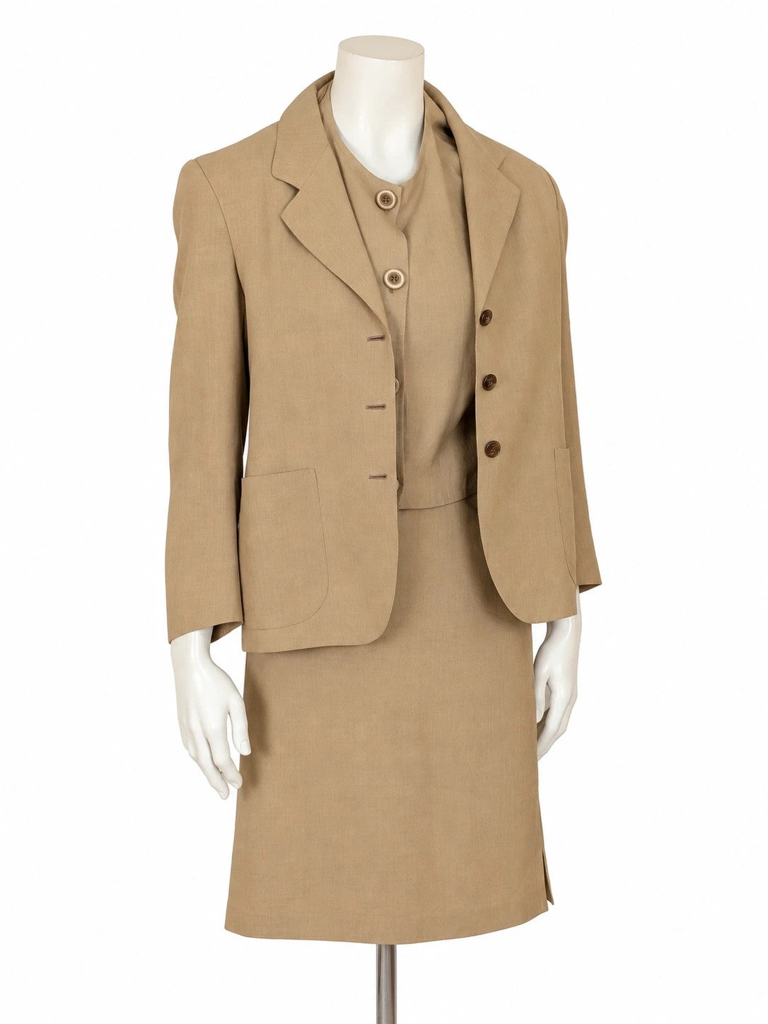 Tailleur donna vintage beige effetto lino con giacca, blusa e gonna - foto 1